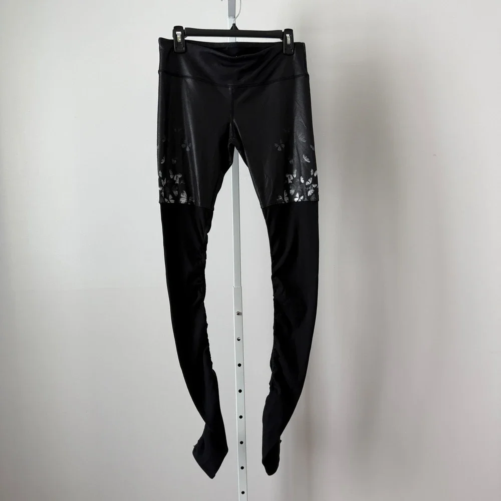 Alo Yoga sz L Black Butterfly Goddess Leggings Ribbed Mixed Media‎ Activewear